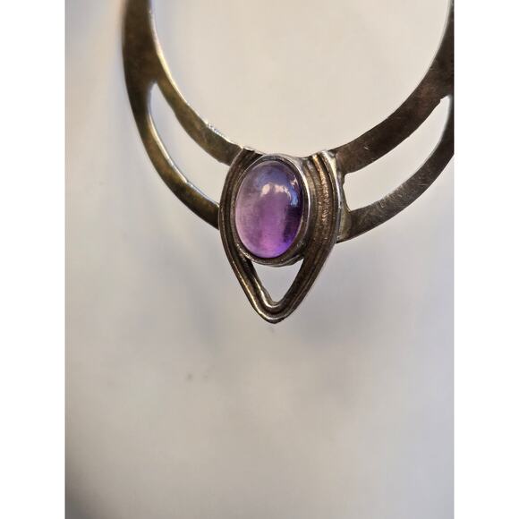 Vintage 925 Sterling Silver and Amethyst Modernist French Wire Dangle Earrings - Picture 3 of 10